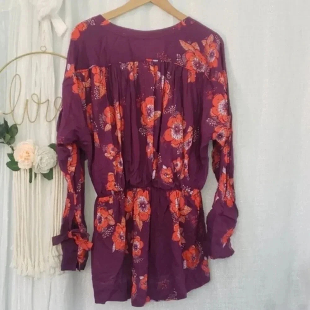 Free People Tuscan Dreams Purple Floral Long Sleeve Tunic Blouse Top - Picture 3 of 5